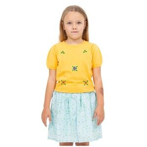 Wander Wonder Kids Yellow Puff Sleeve Embroidered Flower Knit Sweater Top 3T‎